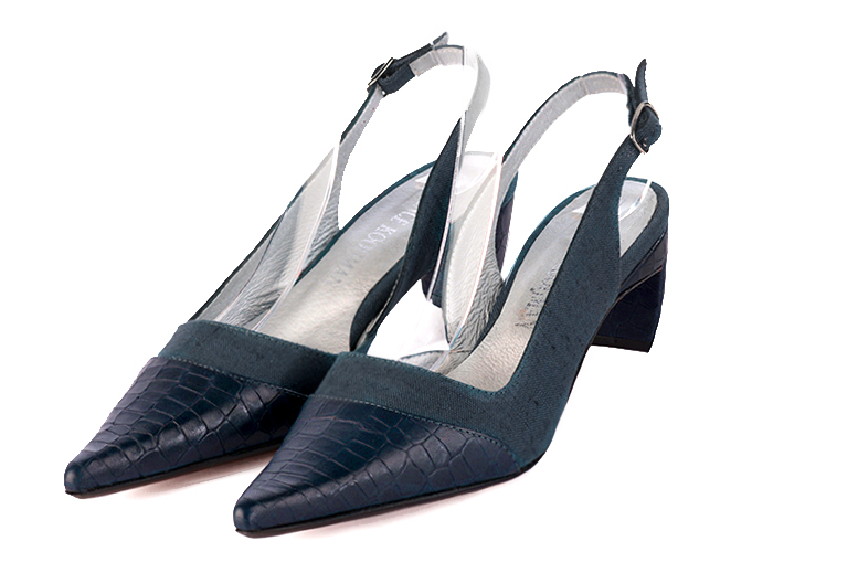 Navy blue women's slingback shoes. Pointed toe. Medium comma heels. Front view - Florence KOOIJMAN